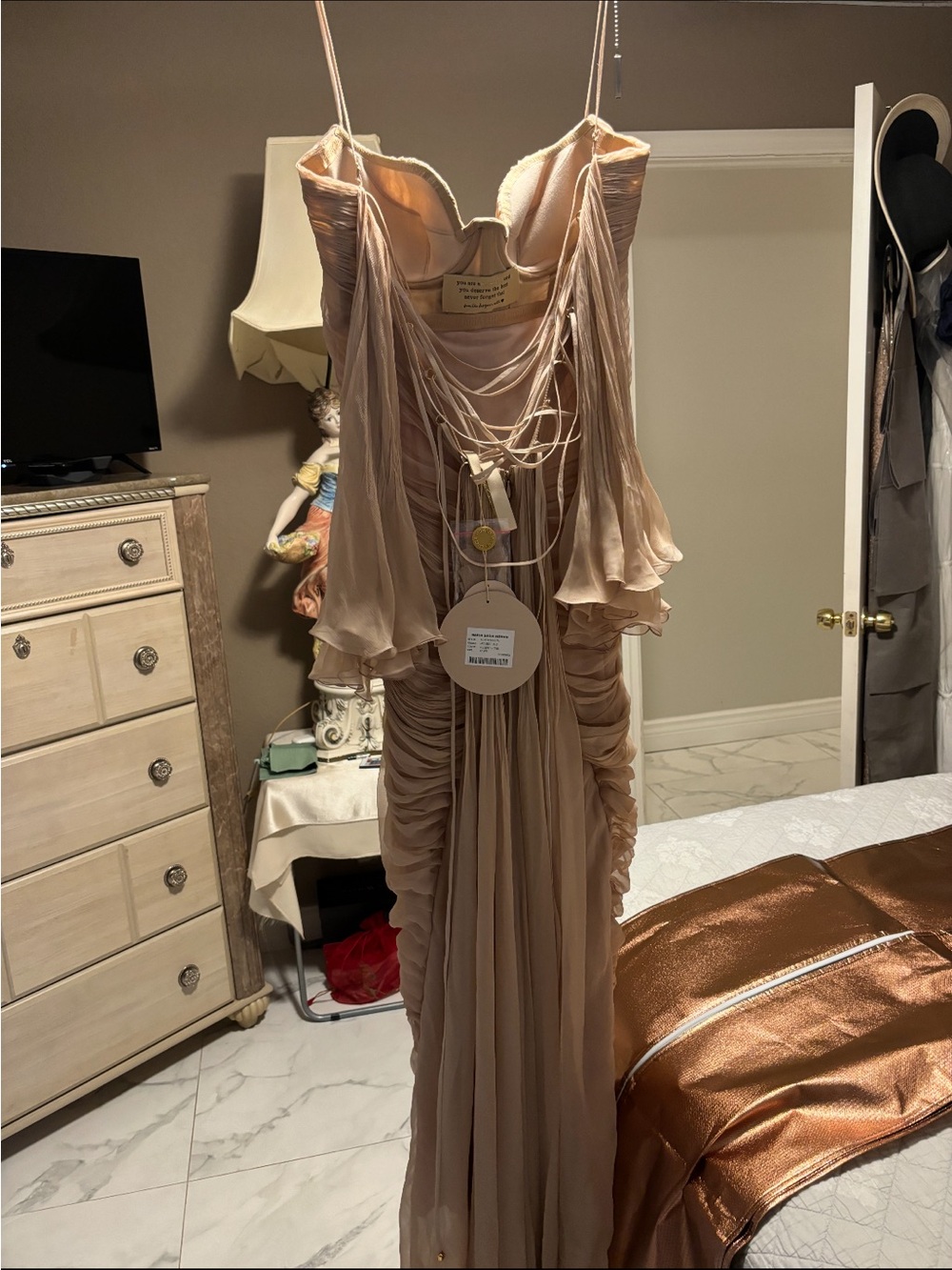 Elegant Blush Pink Pleated Evening Gown - Women - Picture 8 of 9